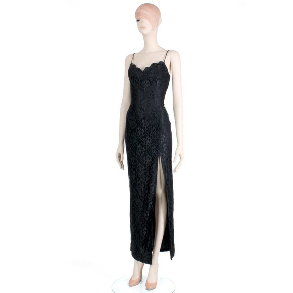 7/8 Vintage 00s LA GLO Black Lace Slinky Leg Slit Cocktail Maxi Dress 90s Y2K - Picture 6 of 8